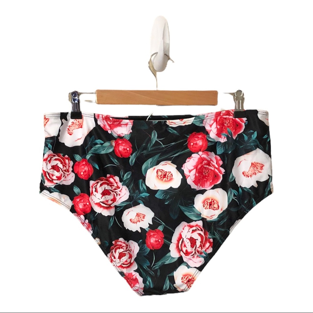 Women’s Black Floral High Waisted Bikini Bottom Size XL - Picture 2 of 7